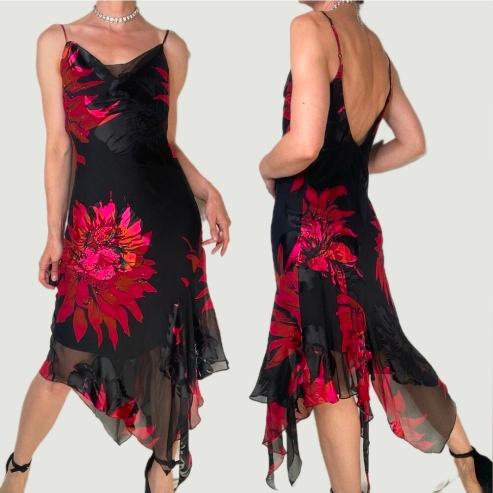 Cache silk beaded floral slip Cocktail dress sequin midi neck
